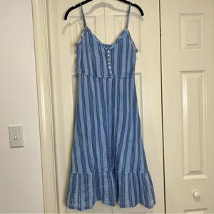 Aerie Blue Striped 100% Cotton Midi Sundress Flowy Button Front Size Medium